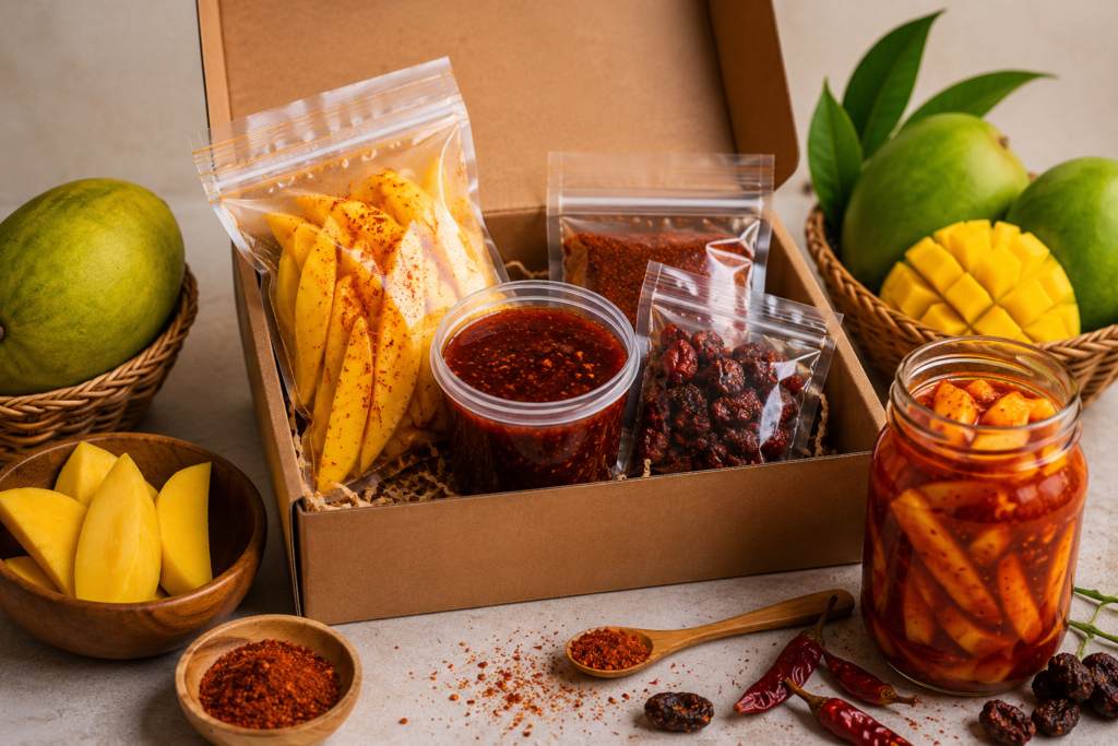 Reusable box container packed with DIY Spicy Mango Chamoy Pickle Kit ingredients including fresh mangoes, chamoy sauce, and chili powder pouches.