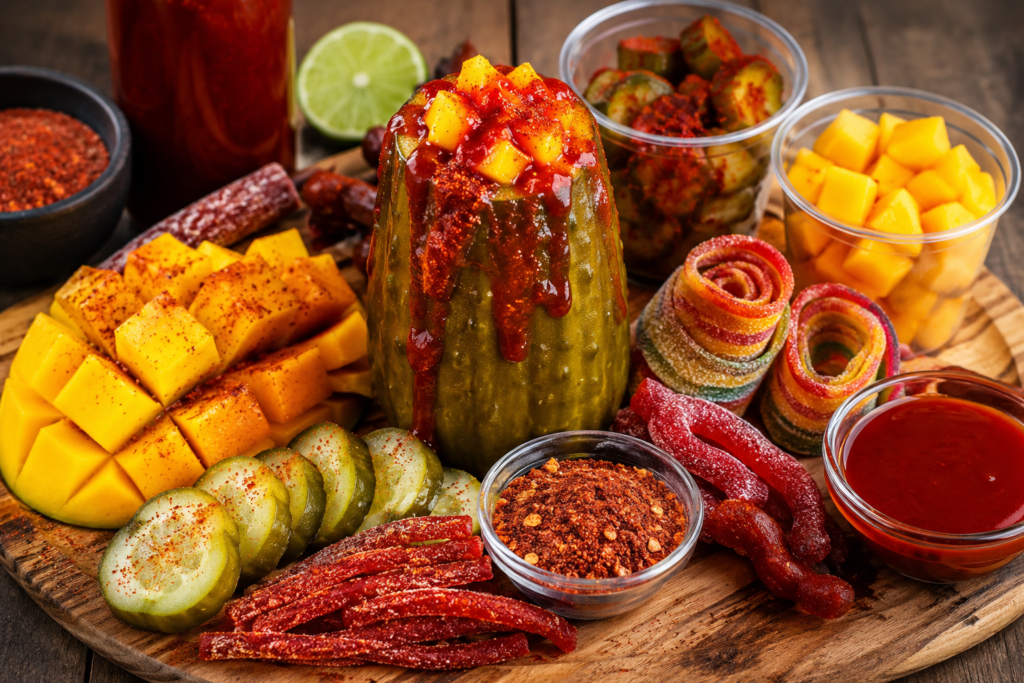 Spicy mango chamoy pickle kit with chili seasoning, fresh mango slices and candy toppings