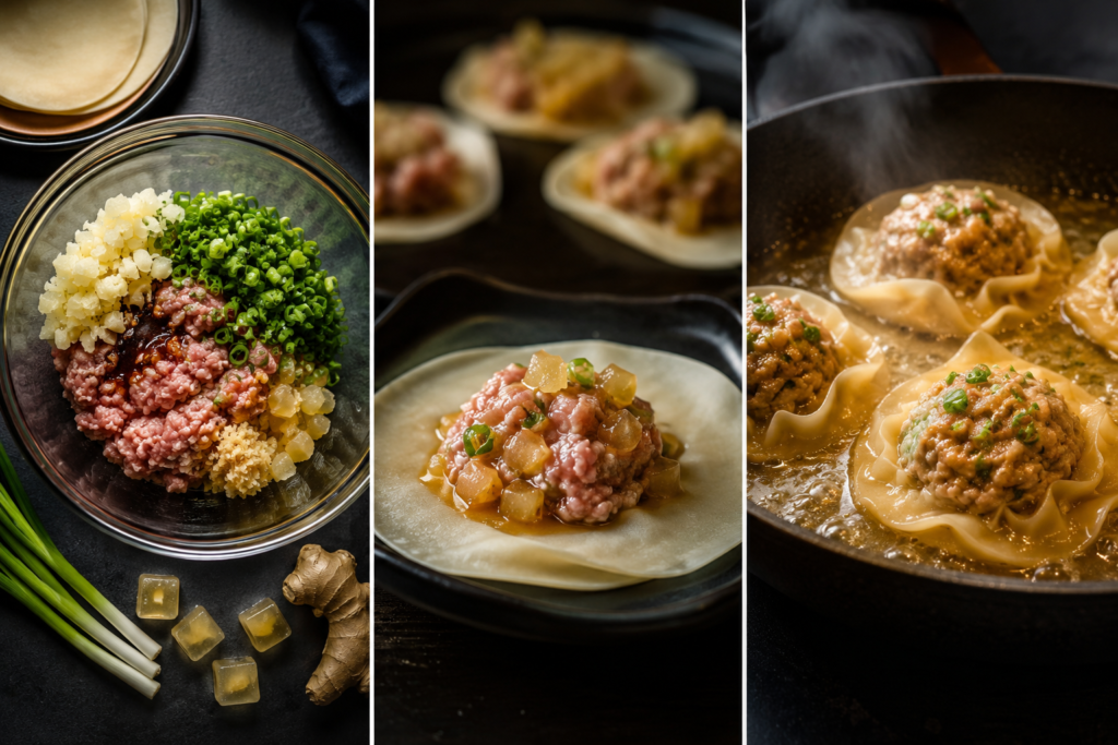 Three panels showing the step-by-step process of making an open faced soup dumpling: mixing the savory meat and gelatin fillings, assembling the meat matrix on top of a wonton wrapper, and pan-searing and steaming the dumpling in a hot skillet.