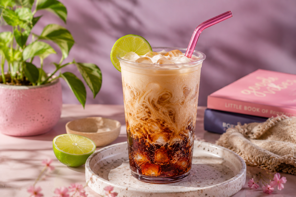 A clear visual guide matching the step-by-step instructions on how to blend it perfectly with layered soda and marbled protein cream.