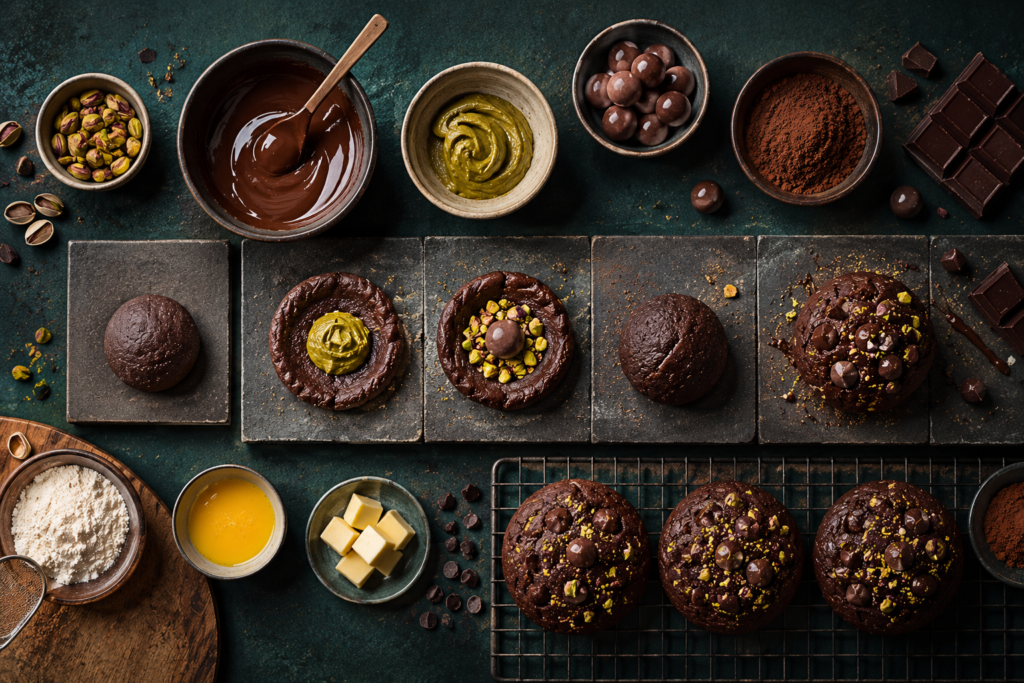 An overhead flat lay showing the step-by-step masterclass for the Dubai Chocolate Chewy Cookie Recipe assembly station with ingredients.