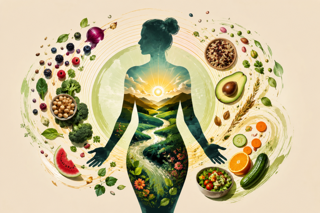 An artistic concept showing the strategic importance of fiber-rich summer recipes with a human silhouette filled with nature and healthy foods around it