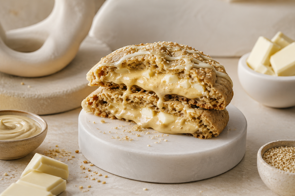 A gooey halved cookie showcasing the thick tahini white chocolate cookie filling variant with white chocolate chunks around.