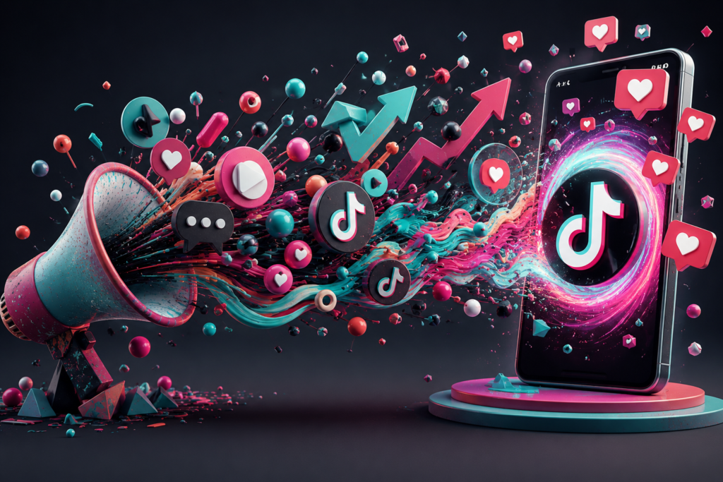 Abstract 3D illustration of a colorful digital funnel streaming social media icons into a smartphone, representing viral content growth