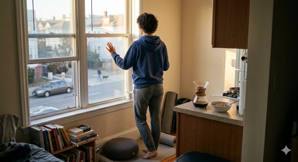 A person standing by a large apartment window looking outside, visualizing why powerful morning routine habits matter for long-term success.