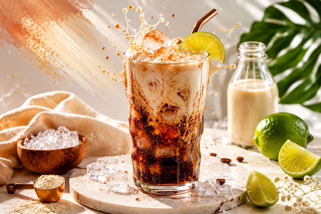 A dynamic splashing action shot of an easy protein dirty soda recipe explaining why you will love this low calorie dirty soda option.