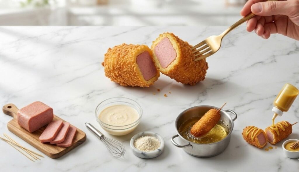 A step by step cooking process showing a meat stick being dipped into a tall glass of yellow cornmeal batter next to a frying pot.