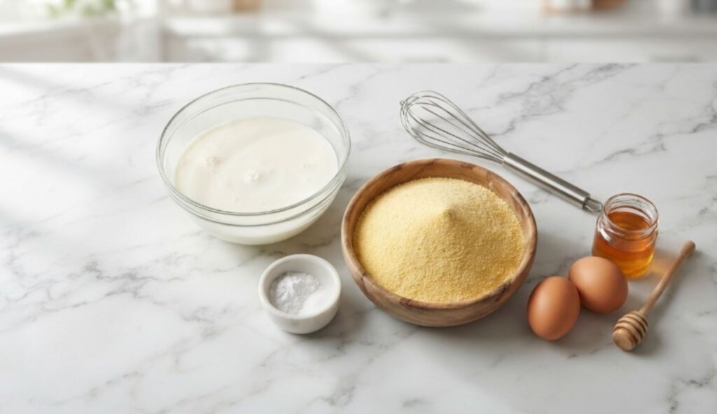 A top-down view of a kitchen counter with bowls of yellow cornmeal, fresh buttermilk, baking powder, and farm-fresh eggs for a recipe.