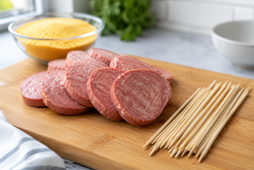 Slices of processed lunch meat arranged on a wooden cutting board with wooden skewers and a bowl of cornmeal batter mix in the background.