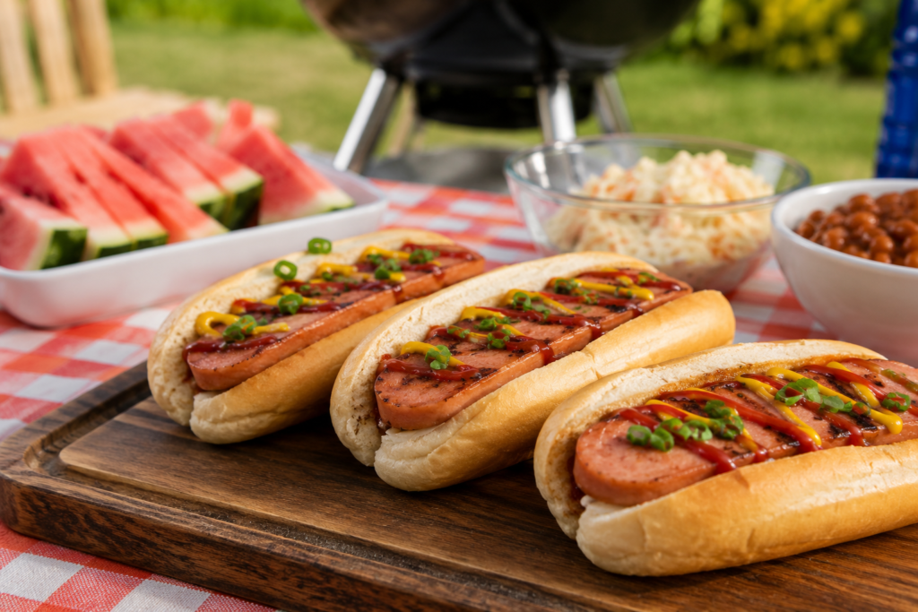Three freshly grilled spam dogs served in buns with mustard and ketchup toppings at a summer backyard barbecue picnic.