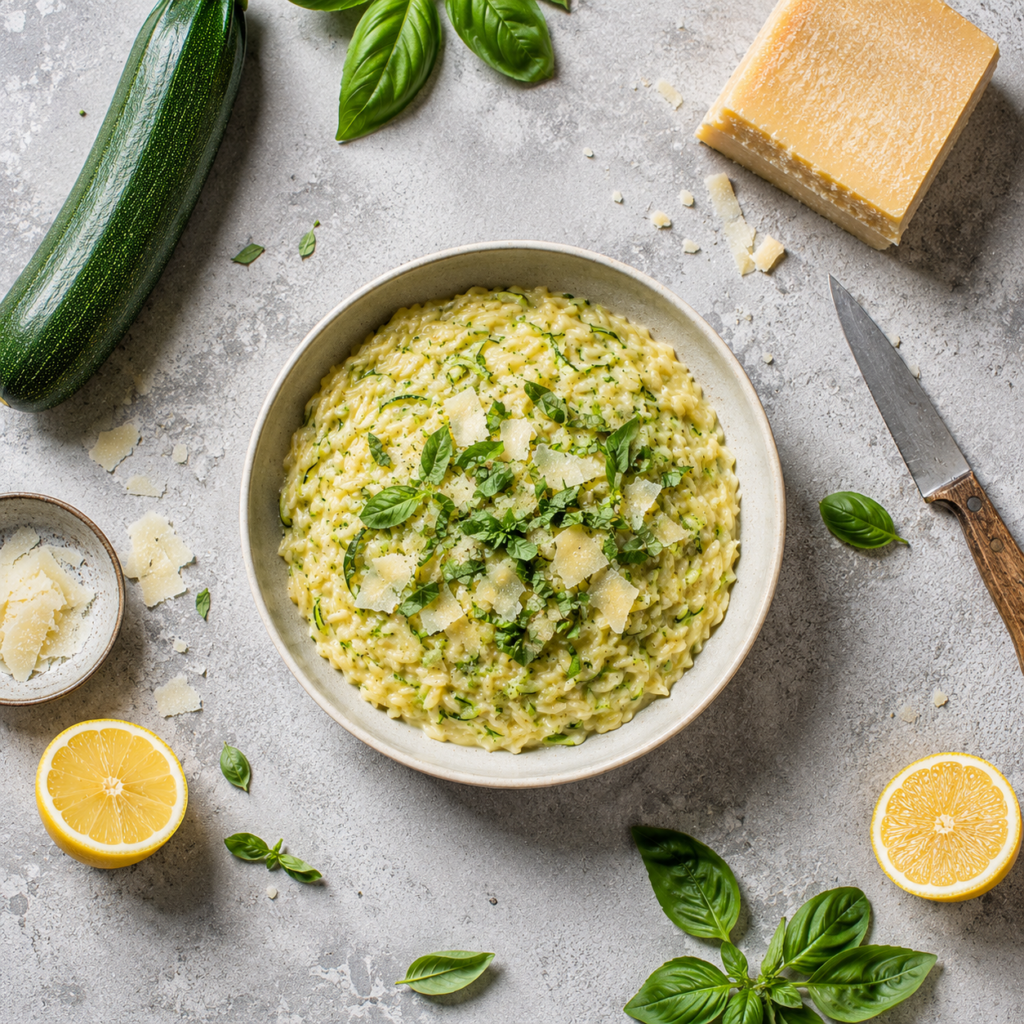 Creamy lemon butter zucchini orzo recipe served in a rustic skillet with parmesan cheese and fresh basil garnish.