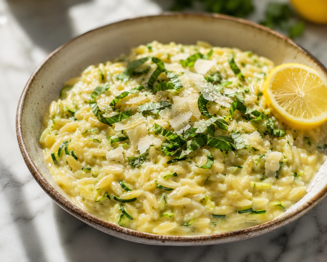 Creamy Lemon Butter Zucchini Orzo recipe food photography