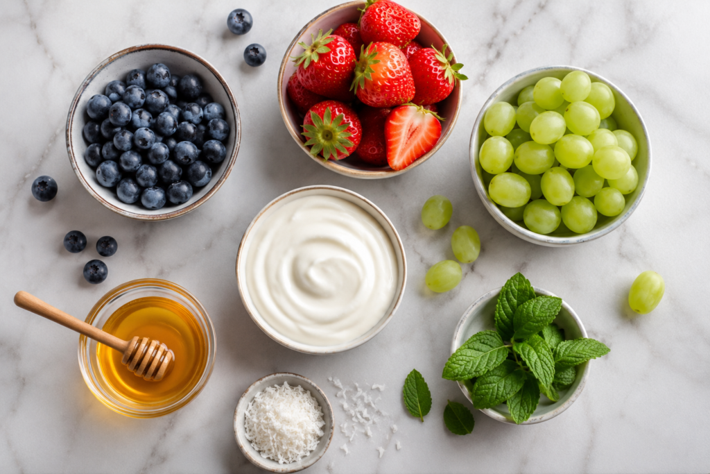 Fresh ingredients for frozen fruit clusters including strawberries, blueberries, grapes, and Greek yogurt
