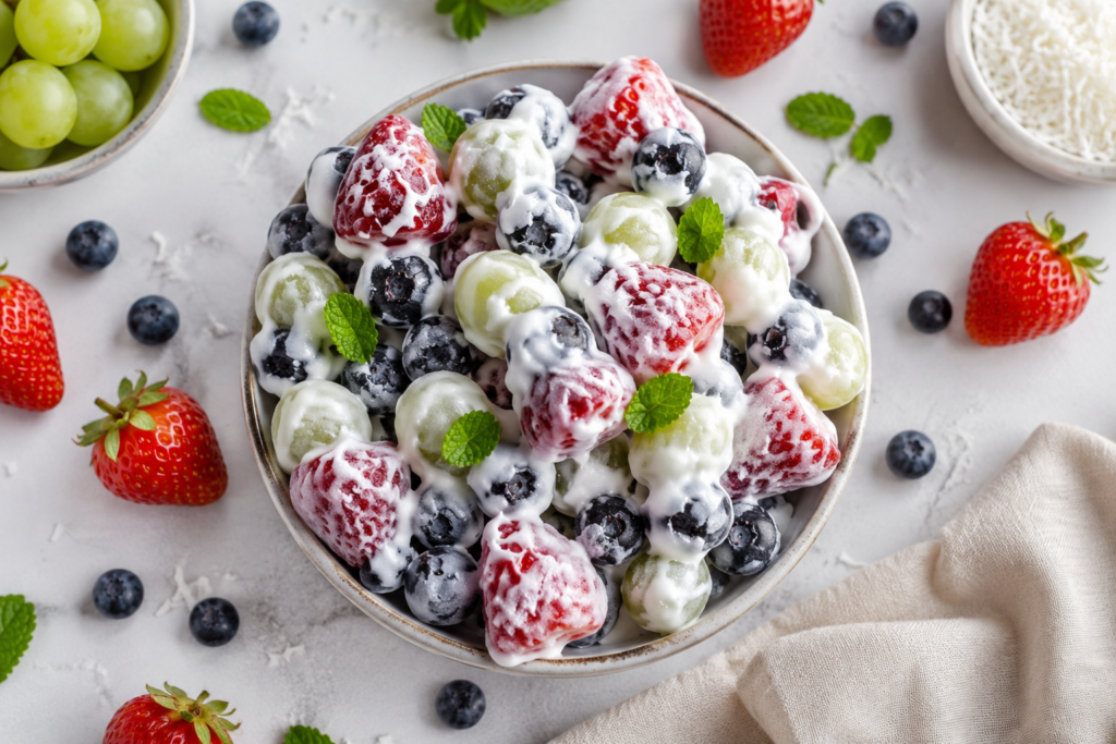 Viral frozen fruit clusters made with yogurt-coated strawberries, blueberries, and grapes on a baking sheet