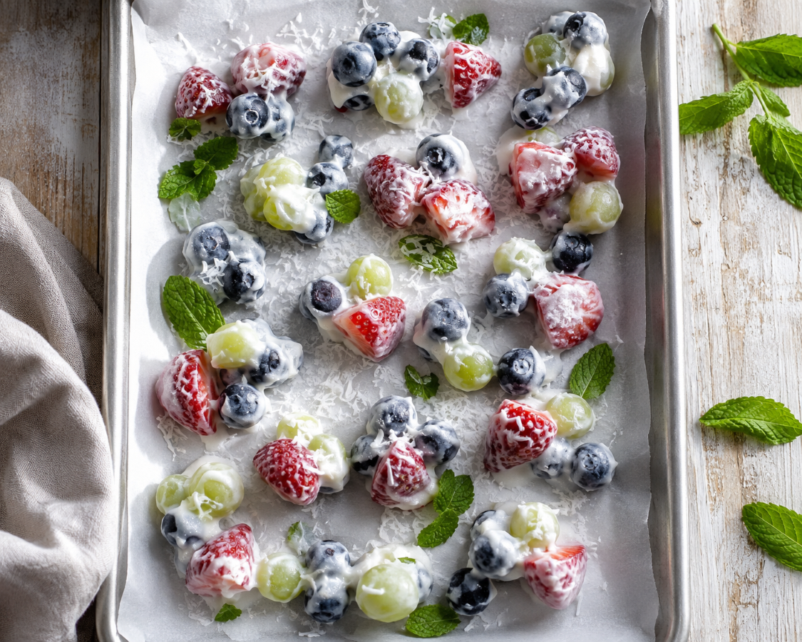 Frozen fruit clusters made with yogurt-coated berries and grapes on a baking sheet