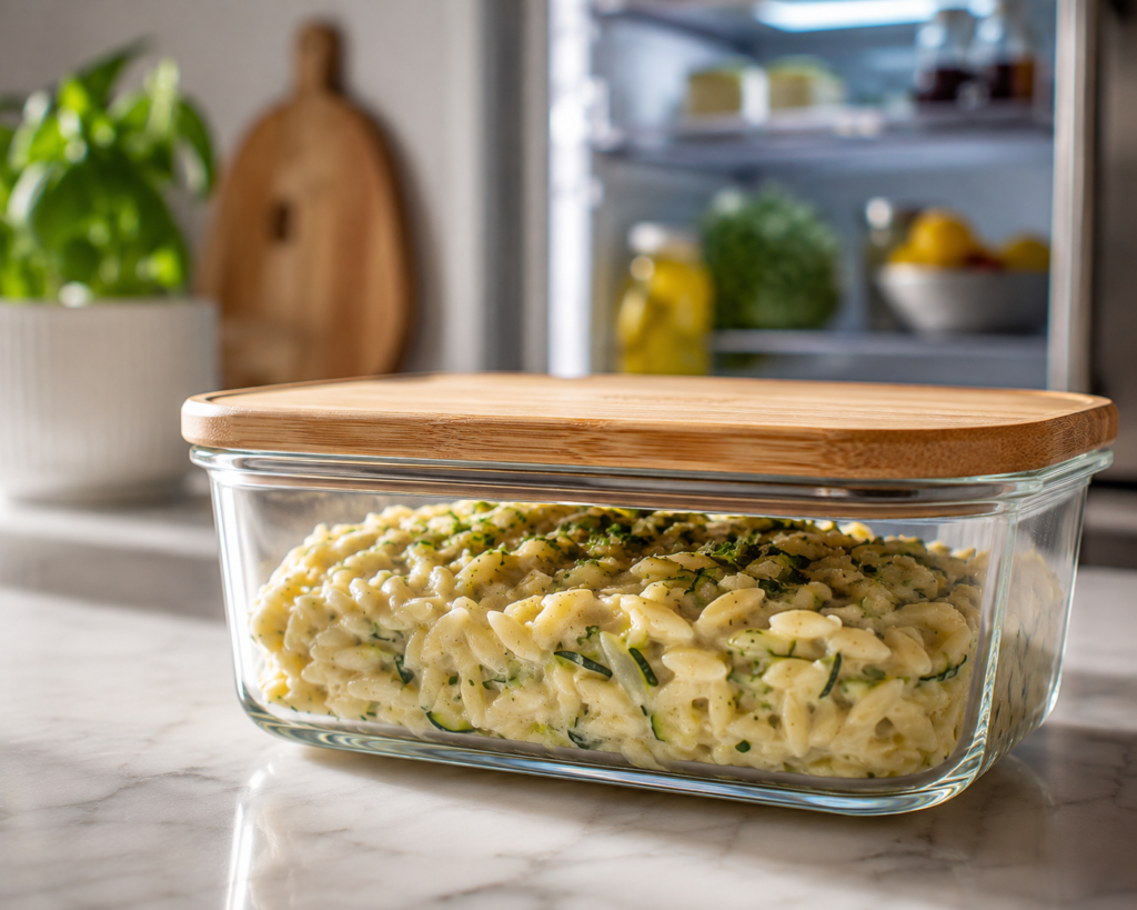 How to store and reheat leftover creamy zucchini orzo pasta in an airtight glass container.